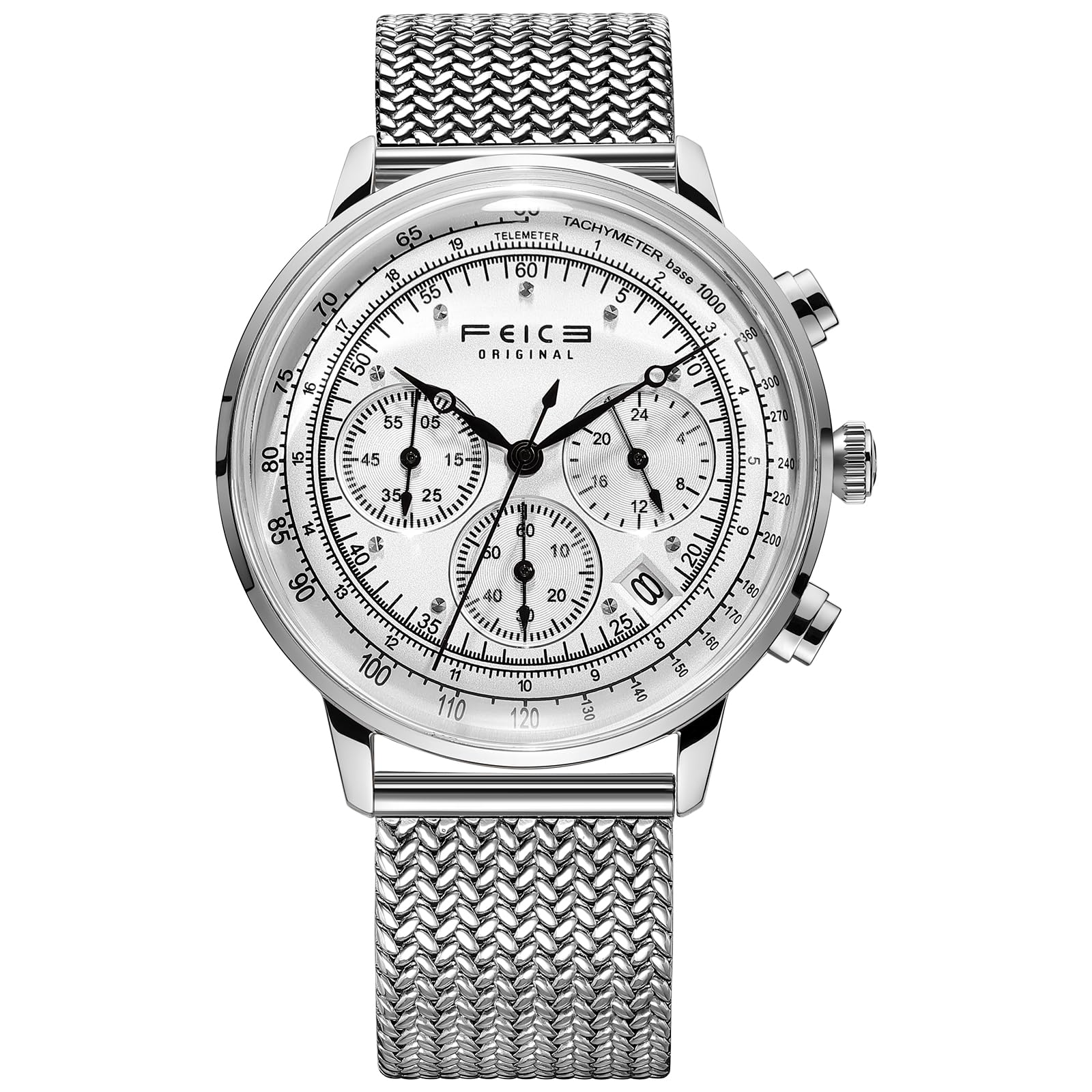 FEICE Men Analogue Silver Band FS303 Wrist Watch with Japanese Quartz Movement Leather Strap Water Resistant Date Multifuntion Display Retro Watch-Silver