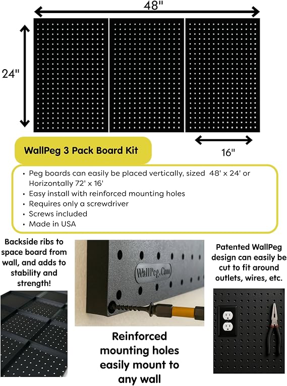WallPeg 24 × 48 بوصة منظم حائط Pegboard - مجموعة ( PK-312-B ) ملحقات منظم لوحة Peg لتخزين ألواح الجراج والأدوات والحرف اليدوية مع Pegboard. خطافات وصناديق ربط