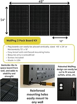 WallPeg 24 × 48 بوصة منظم حائط Pegboard - مجموعة ( PK-312-B ) ملحقات منظم لوحة Peg لتخزين ألواح الجراج والأدوات والحرف اليدوية مع Pegboard. خطافات وصناديق ربط