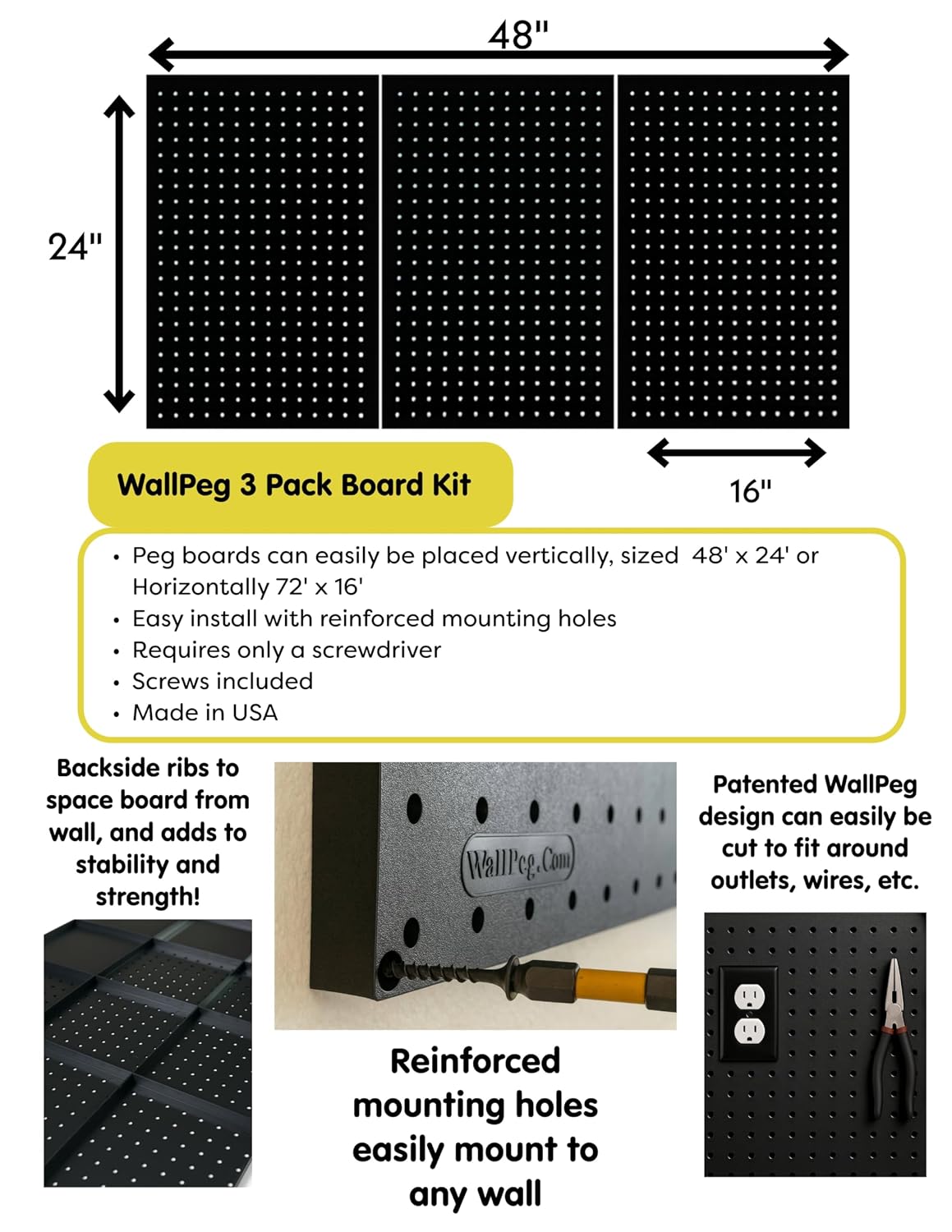 WallPeg Pegboard Kit - 3 ea. 24"x16" Black Peg Boards Panels - Made in USA image 4