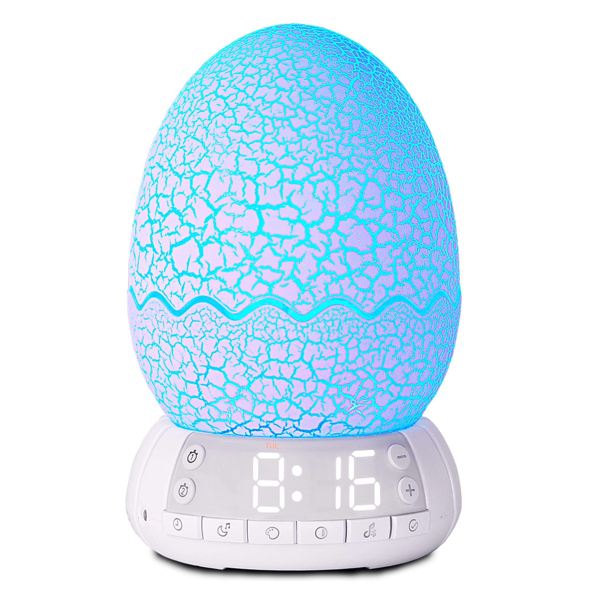 Niedlicher Dinosaurier-Ei-Wecker/Digitaluhr/Nachtlicht/Musik & weißes Rauschhilfe-Schlafmaschine/Bluetooth-Lautsprecher, Dekoration, ideale & einzigartige Lampe für Schlafzimmer/Wohnzimmer, Geschenke