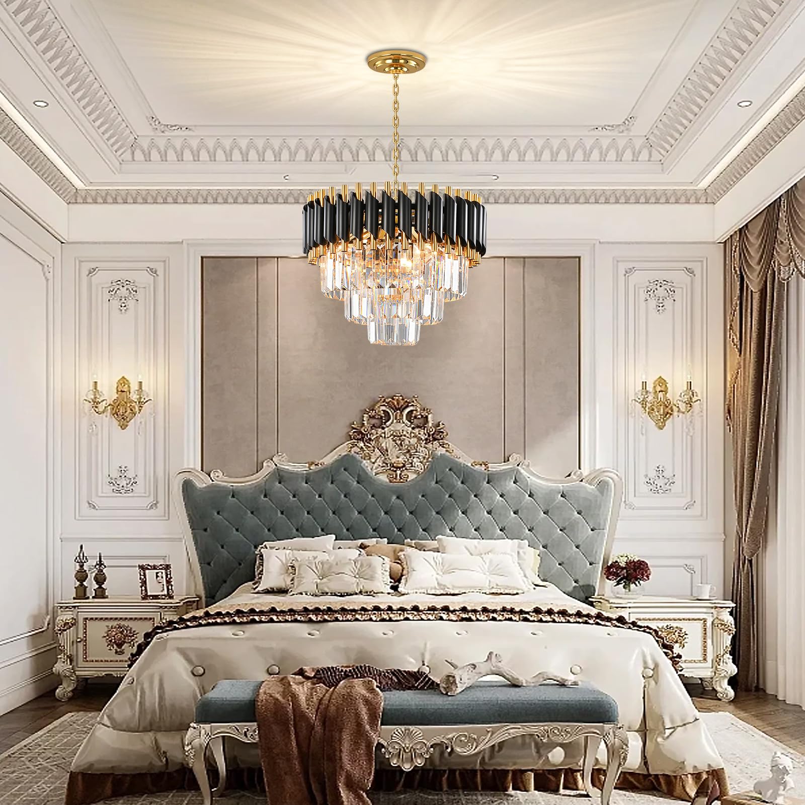 AHXIAOZN Lampadario Moderno di Cristallo, 15.7 '' Nero e Oro di Cristallo Lampada a Sospensione, 3-Tier Lampadario, Lampadari Rotondi Per Sala Da Pranzo, Soggiorno, E14 x 5 Luci