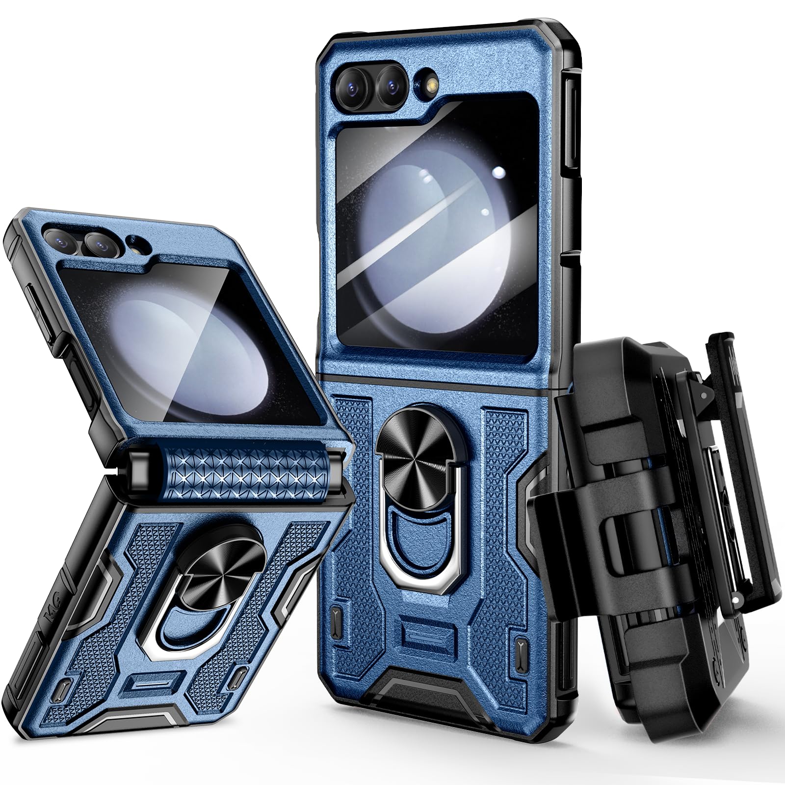 VEGO for Samsung Flip 5 Case with Belt Clip Holster, Hinge Protection with 360°Ring Magnetic Kickstand & Camera Screen Protector Heavy Duty Protective