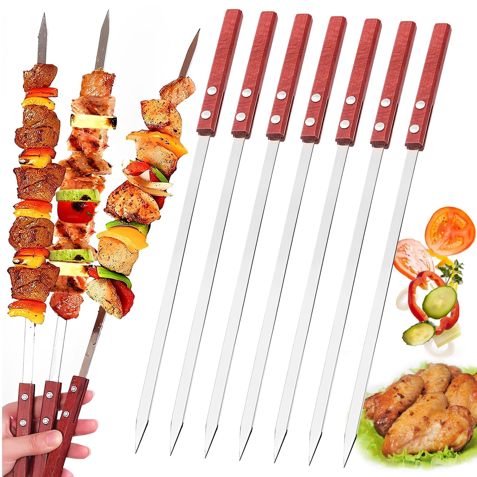 8 pezzi spiedini per barbecue, spiedino in acciaio inox da 60 cm con manico in legno, accessori piatti riutilizzabili per barbecue, spiedini per barbecue