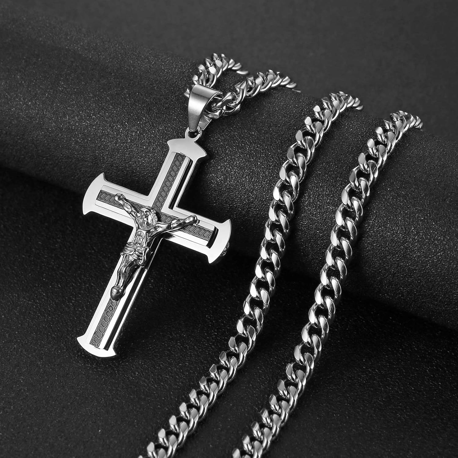 HZMAN Jesus Cross Necklace for Men Stainless Steel Large Crucifix Cross Necklace Pendant Christian Jewelry Gift with 24Inch Cuban Chain - Image 4