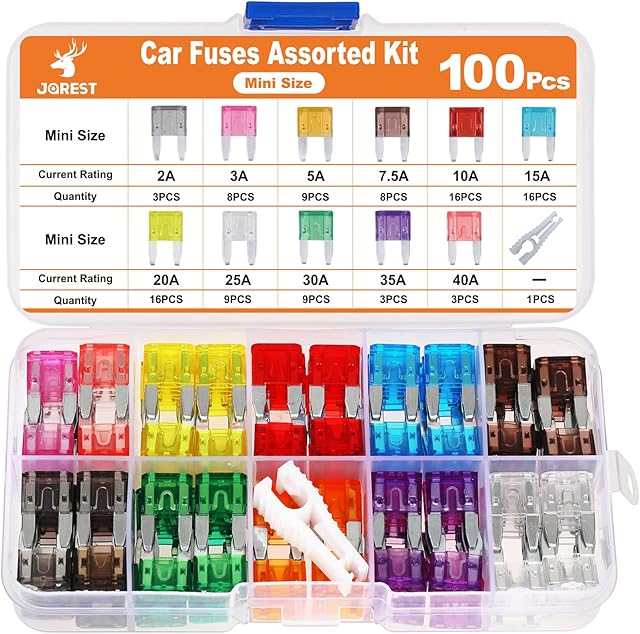 JOREST 100Pcs Car Fuse Kit - Mini Blade Fuses Automotive + 1 Auto Fuse Puller - 11 Specifications Mixed Auto Fuse for Car/Caravan/Truck/Motorhome (2Amp 3A 5A 7.5A 10A 15A 20A 25A 30A 35A 40A)