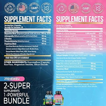 Shining Serenity Set, Cortisol Support with Ashwagandha, L-Theanine, Magnesium, Lions Mane, GABA, Bacopa Monnieri, Collagen Biotin, Keratin, Hyaluronic Acid, Quercetin