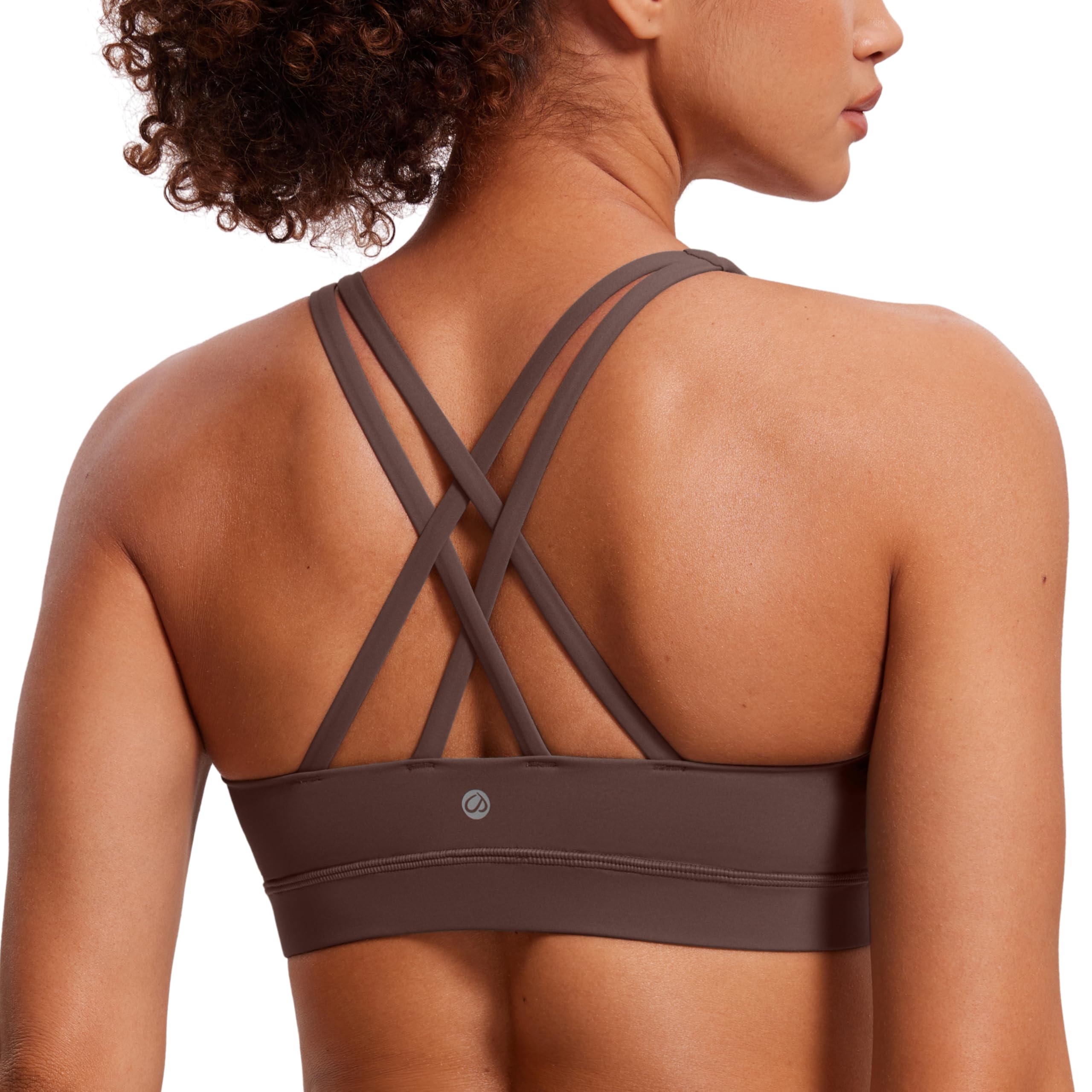 Crz Yoga Women's Taupe Naked Feeling Strappy Back Sports Bra - Mid Impact Wirefree Padded Workout Yoga Crop Top L