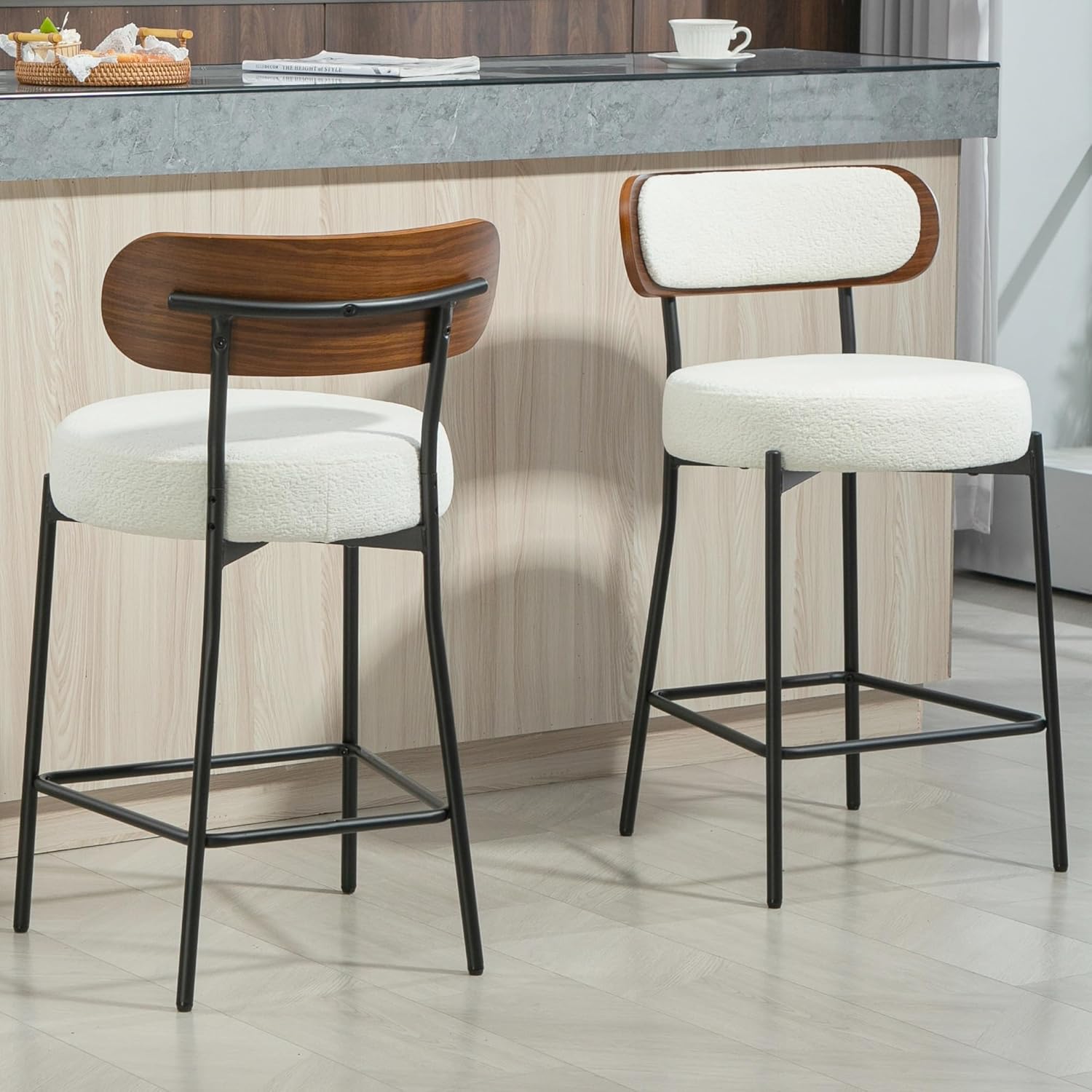 DYHOME Counter Height Bar Stools Set of 2-24 Inches Upholstered Barstools with Bentwood Back, Modern Kitchen Island Chairs for Breakfast Bar, Metal Frame, White