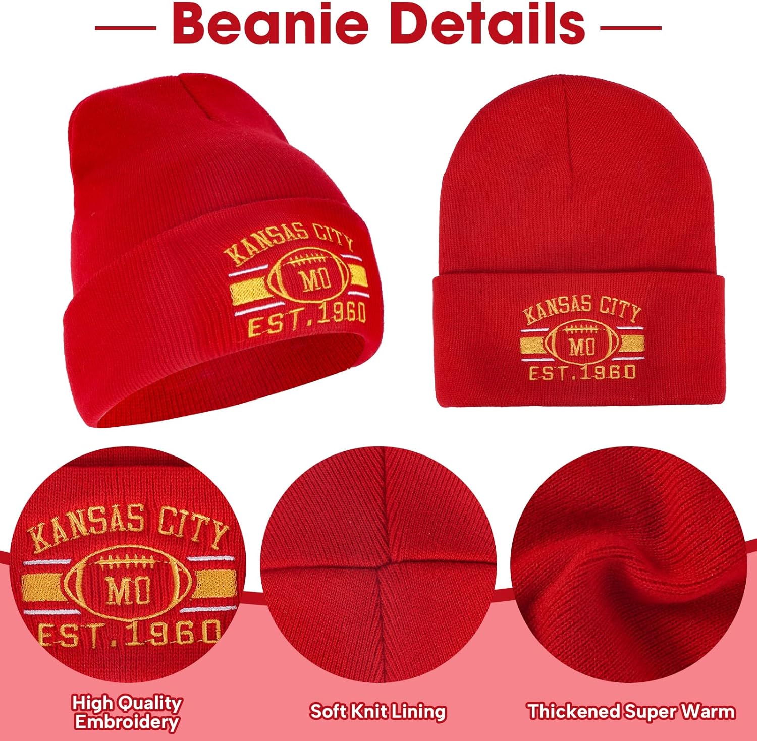 Classic Beanie Hat for Football Fans Embroidered Skull Cap Vintage Cuffed Knit Hat Warm Winter Gloves Gifts for Men Women - Image 2