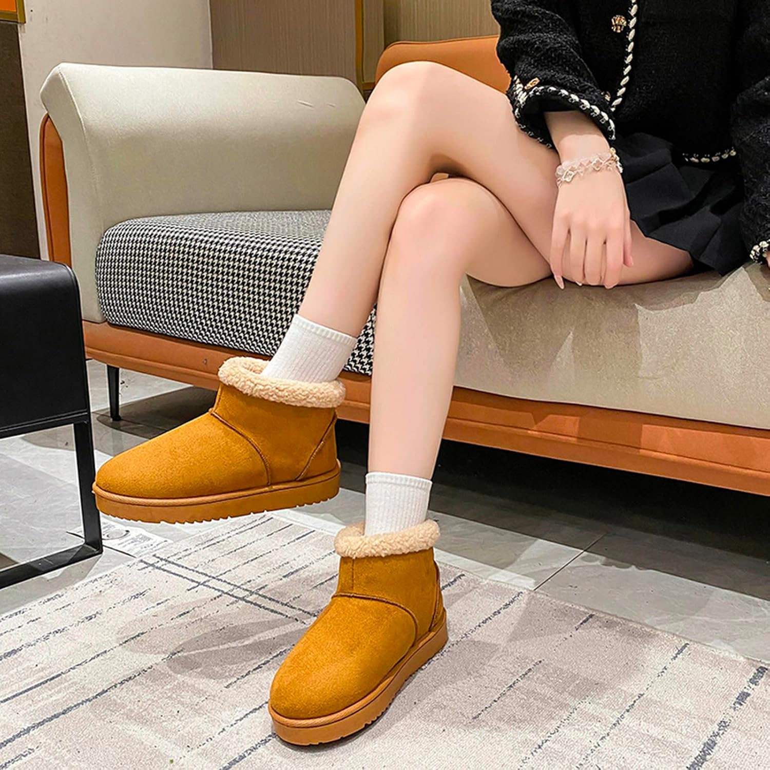 Suede Ankle Boots for Women:Fleece Cozy Faux Shearling Lining Pull On Winter Lady Boots Outdoor Indoor Footwear Walking Shoes