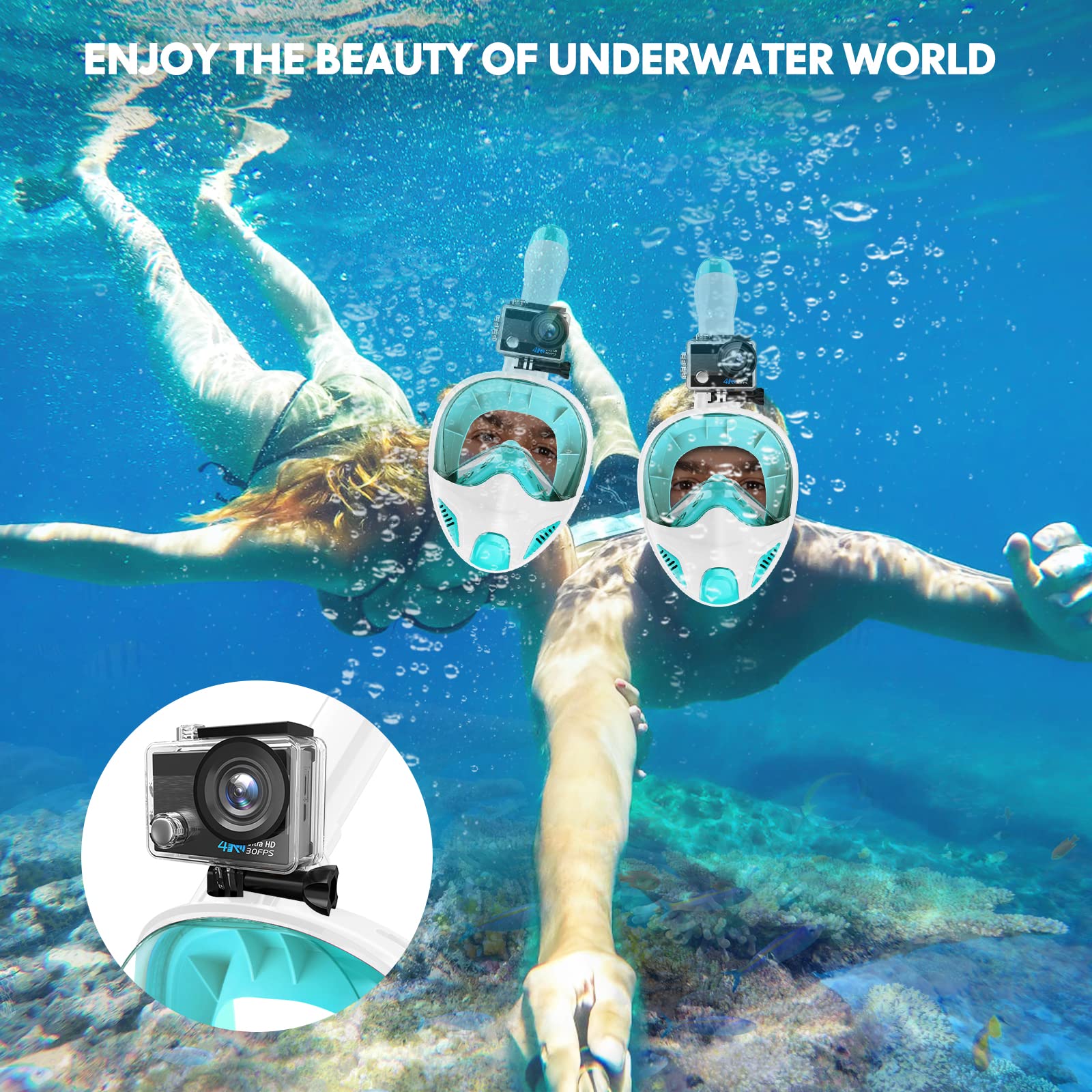 Maschera integrale da snorkeling per adulti e adolescenti, attrezzatura subacquea con supporto rimovibile per fotocamera, vista panoramica a 180°, set con boccaglio anti-appannamento e anti-perdite