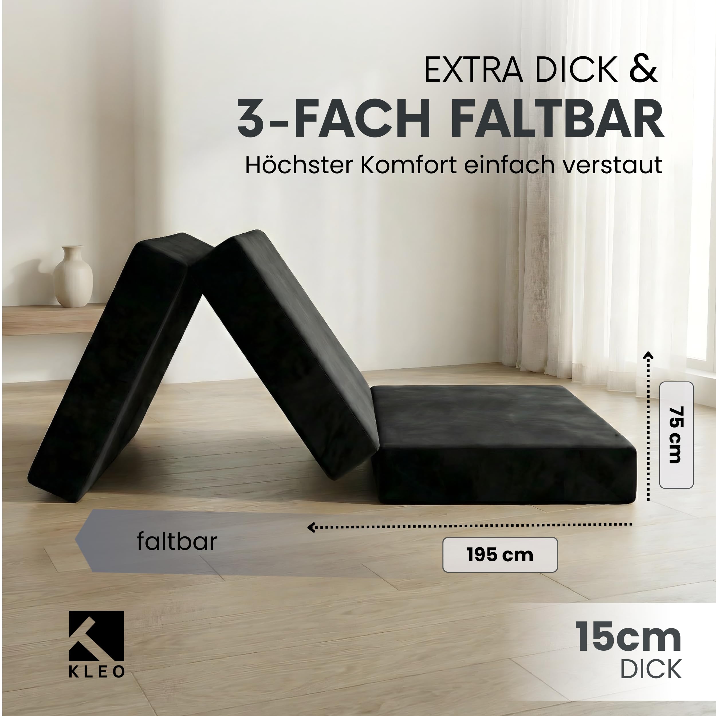 KLEO® Duo Premium Klappmatratze wendbar [H2 & H3] 2 Härtegrade, Gästebett klappbar | extra Dicke Faltmatratze, ergonomische Gästematratze (75x195x15cm)