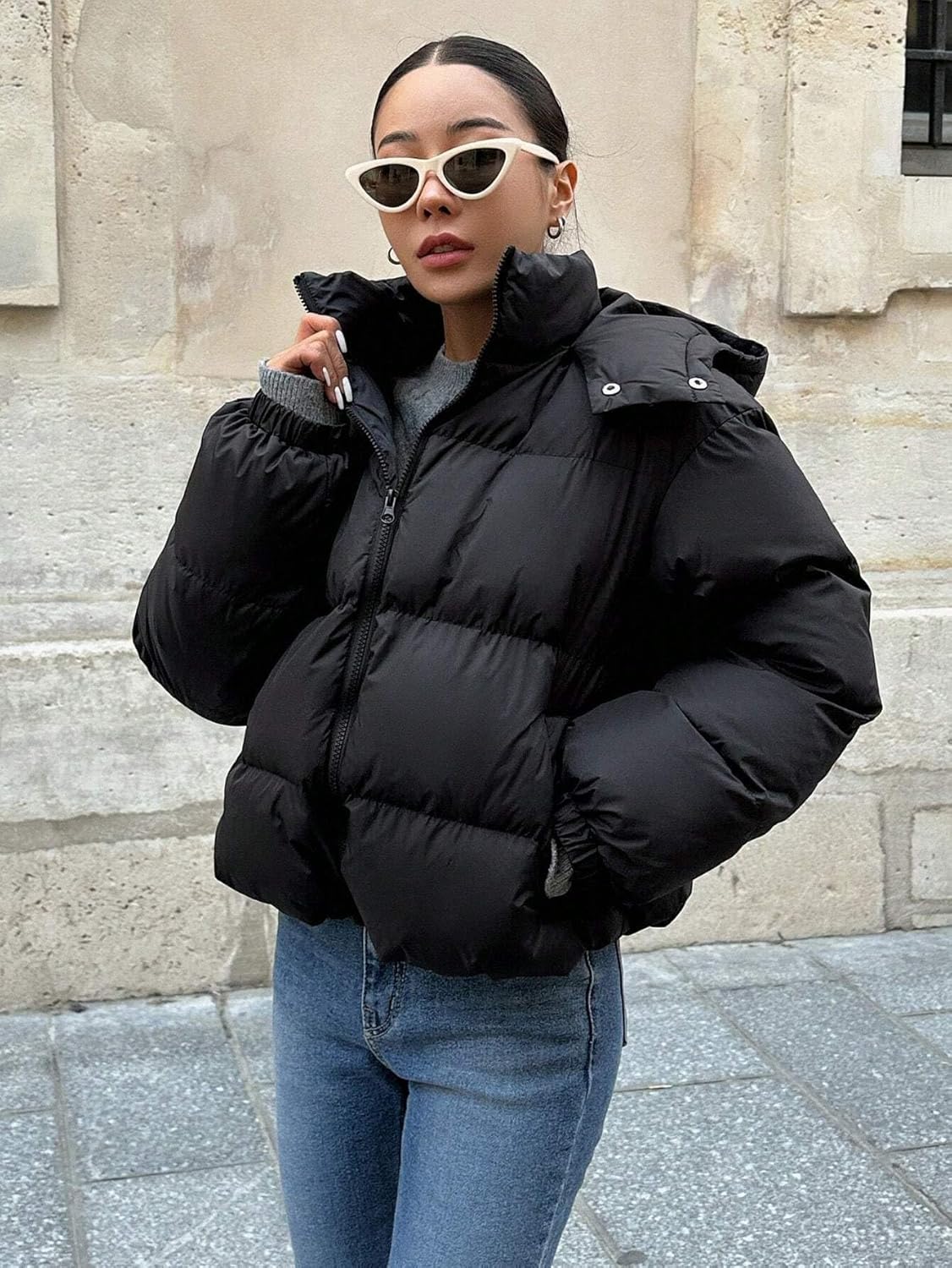 Women's Trench Coat Pocket Zipper Collar Long Sleeve Hooded Casual Jacket Classic Overcoat