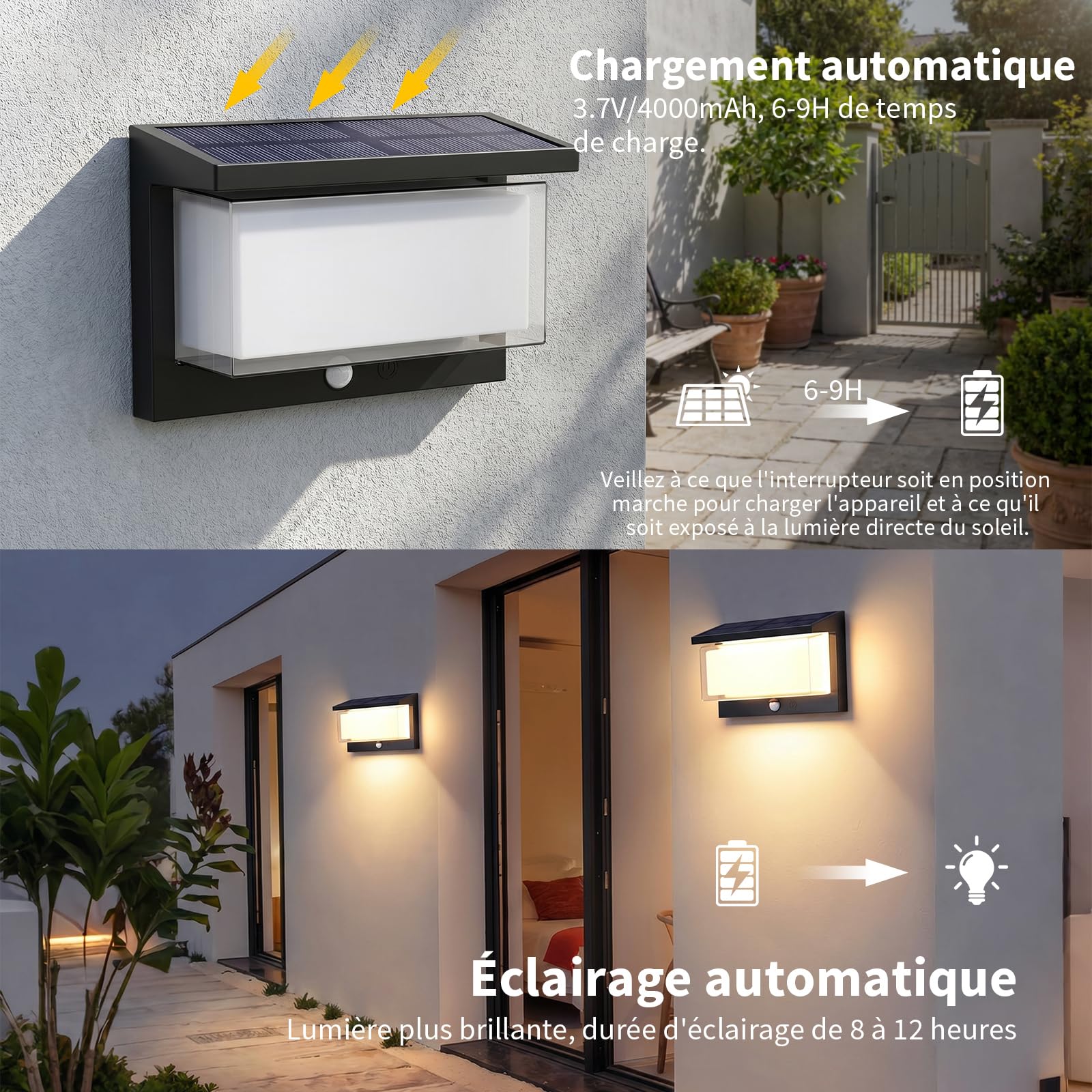 2 Pièces Applique Murale Exterieur Solaire,Lampe Solaire Extérieure avec Détecteur de Mouvement IP65 3000K blanc chaud Allumage/Extinction Auto, Étanche pour Jardin,Terrasse, Couloir et Allées
