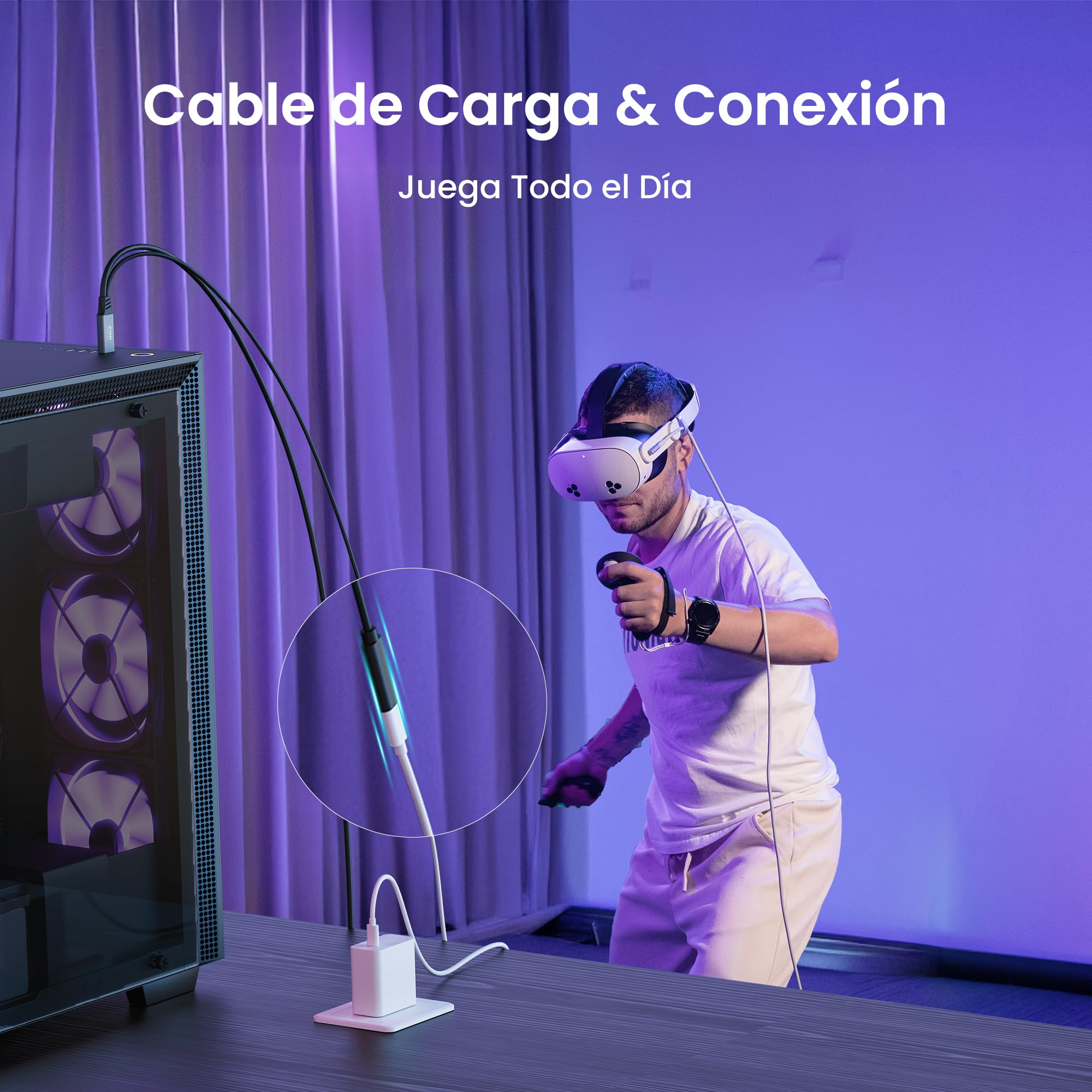 KIWI design Cable Link con Carga 5M Compatible con Meta Quest 3s Quest 3 Quest 2/Pro/Accesorios Pico 4 y PC/SteamVR, Cable USB 3.0 a USB-C Link con Super Rápida 5 Gbps, para Juego Prolongado