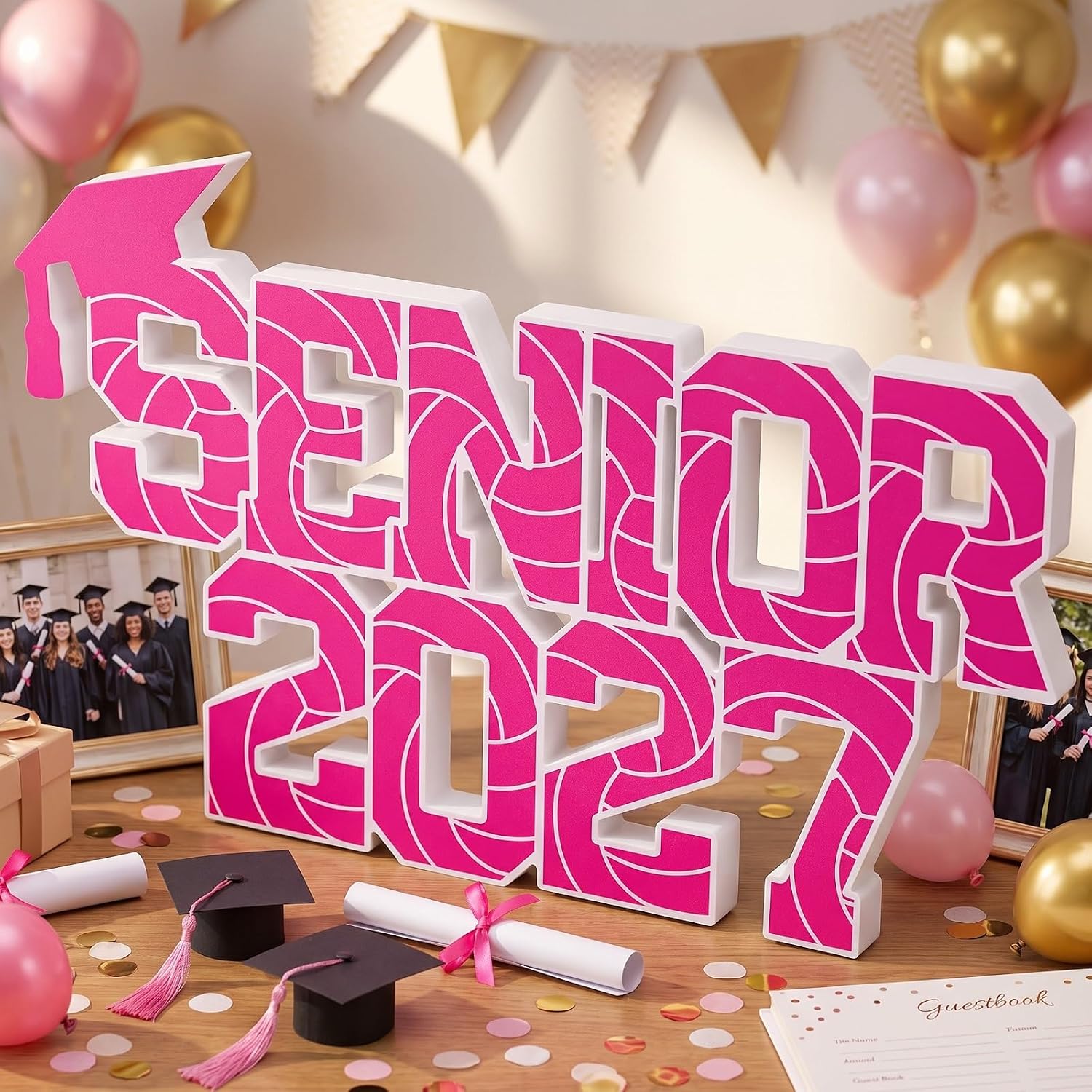 Novabright 2027 Pink Volleyball Senior Night Decorations for Table | 13.4 Inch Wood Graduation Centerpiece Sign, Class of 2027 Photo Prop, Sport Theme Party Decor for Photoshoot
