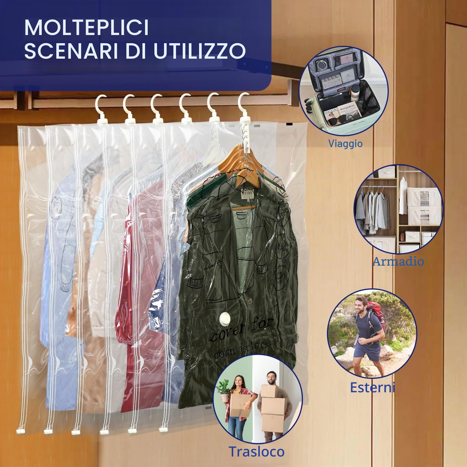 6 pezzi Sacchetti sottovuoto vestiti da appendere - 70×110 cm buste sottovuoto vestiti - trasparenti e riutilizzabili, Copriabiti da Armadio per armadio, per cappotti, giacche e abiti