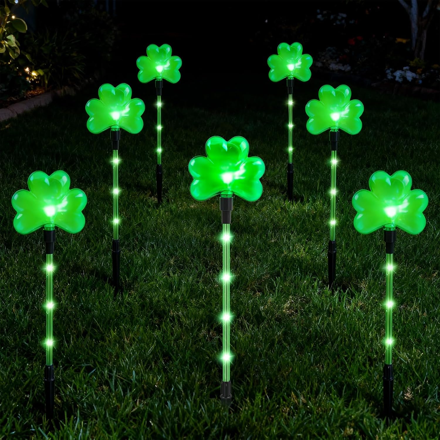 12 Packs Shamrock Pathway Lights Outdoor Decorations for St. Patricks Day, Green Lucky Clover w/ 8 Modes Lighting Auto ON/Off Waterproof Stake Lights for Festive Outside Garden, Yard Decor