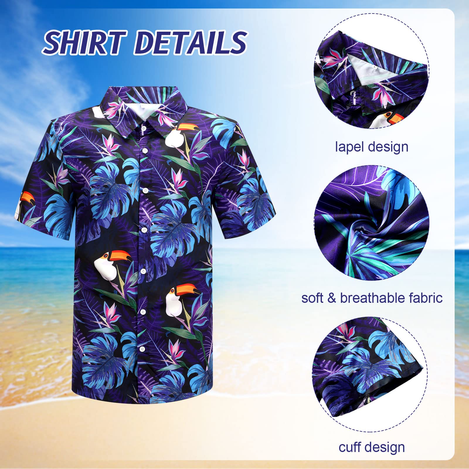 4-teiliges Hawaii-Hemd und kurzes Set für Herren, lässiges Button-Down-Sommer-Strand-Blumen-Outfits mit Hüten und Sonnenbrillen