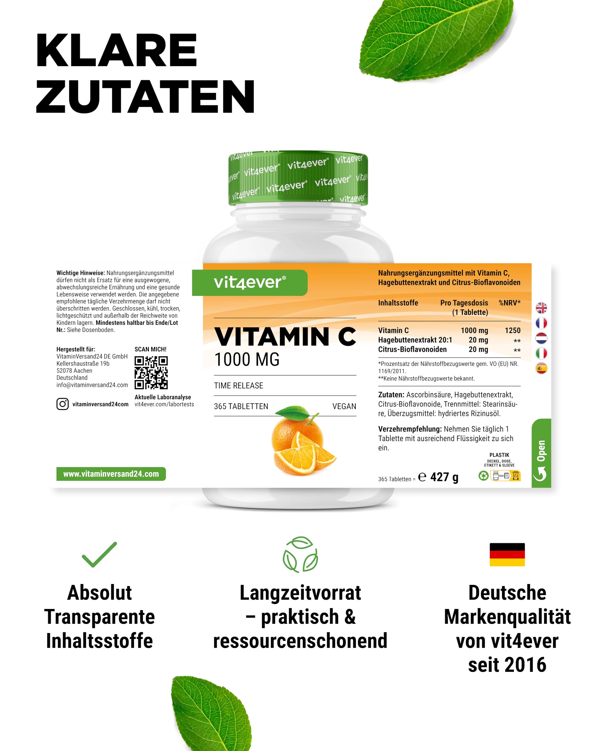 vit4ever Vitamin C 1000 mg - 365 Tabletten im Jahresvorrat - Time Released Effekt - Laborgeprüft - Vitamin C + Hagebuttenextrakt + Citrus-Bioflavonoide - Vegan, hochdosiert | Hochdosiert, Jahresvorrat, Vitamin C + Hagebuttenextrakt & Citrus-Bioflavonoide,