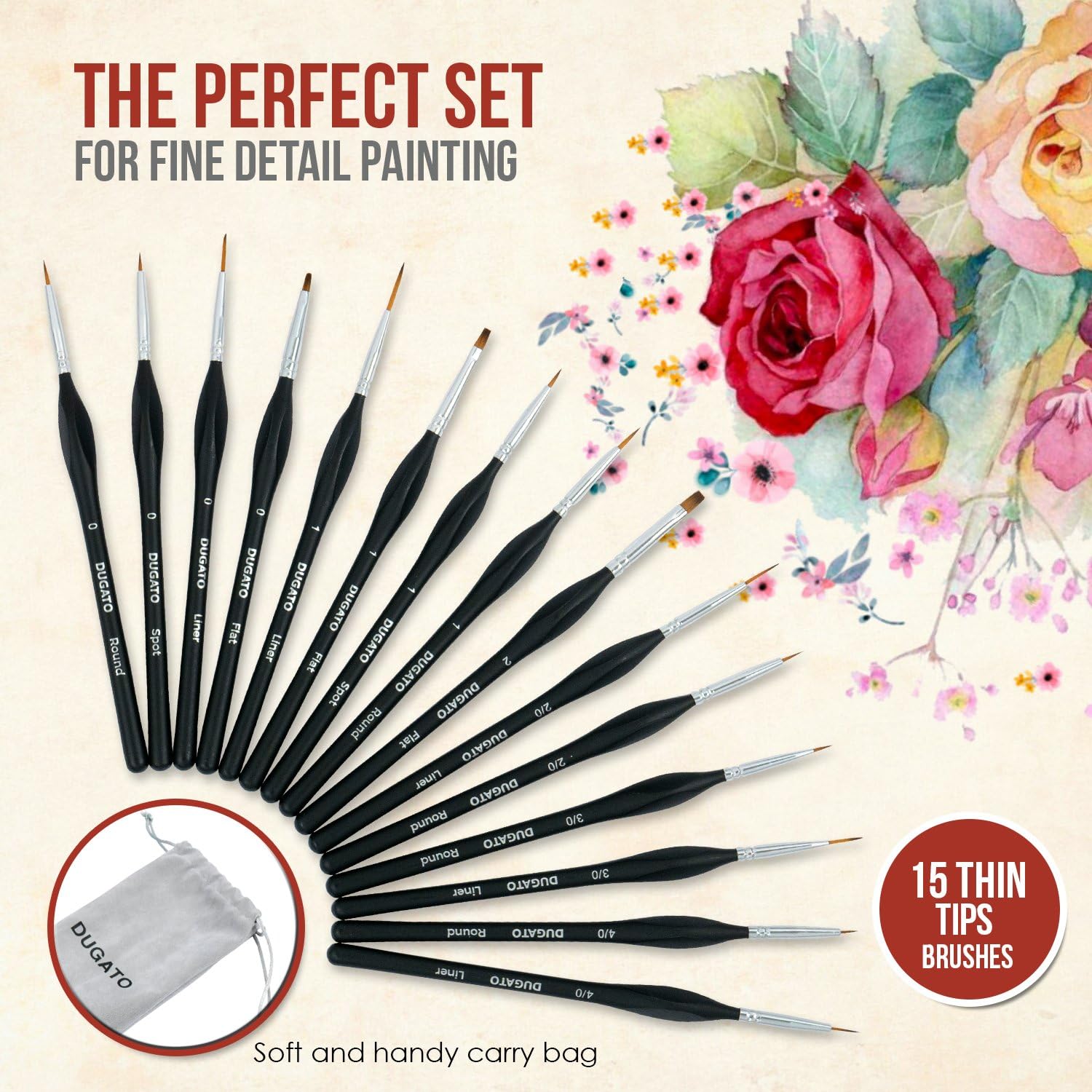 Detail Paint Brush Set, 15pcs Fine Miniature Paint Brushes Kit with Ergonomic Triangular Handle, Holder and Travel Bag, Perfect for Acrylic, Oil, Watercolor, Art, Scale, Model, Face, Paint by Numbers