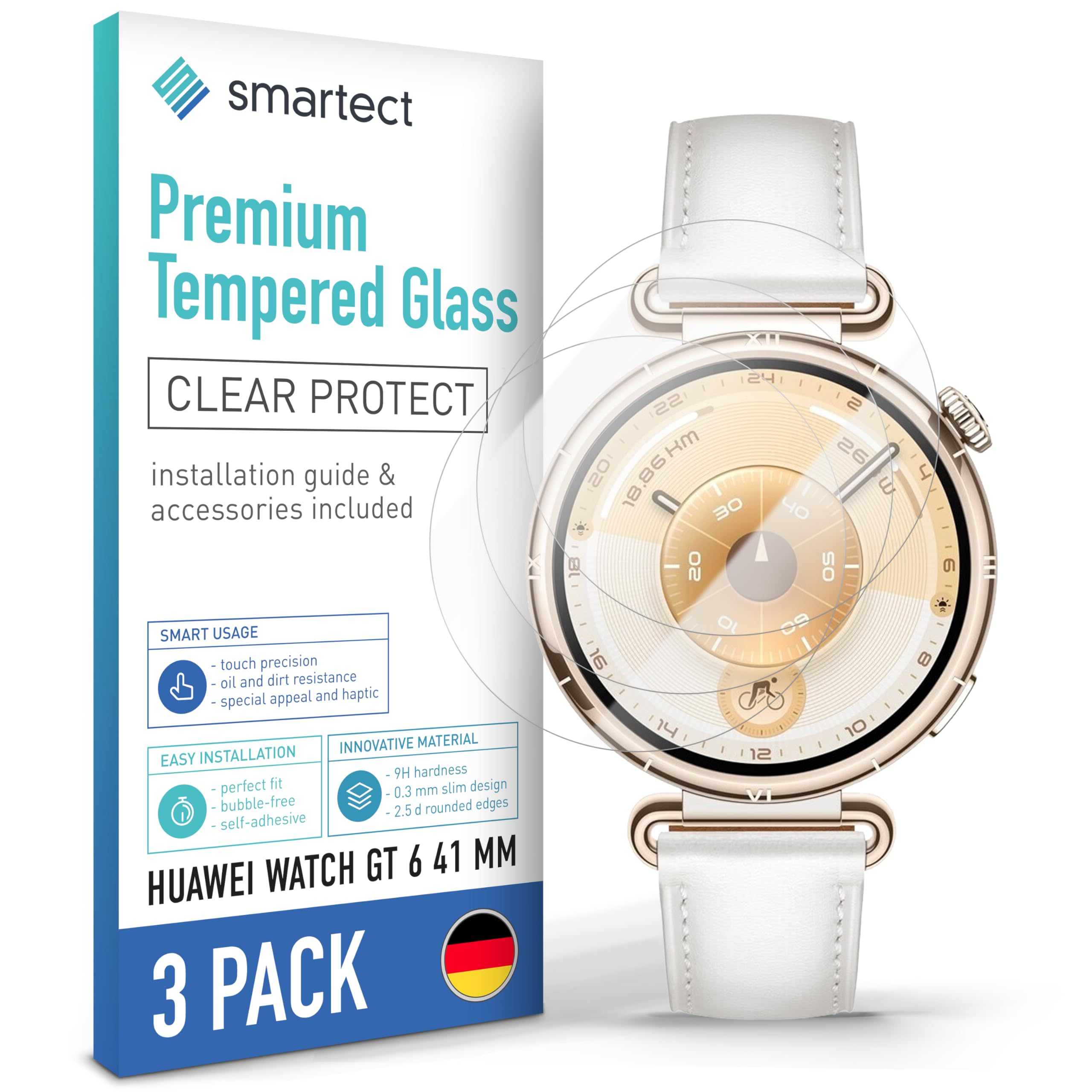 smartect Schutzglas 3 Stück für Huawei Watch GT 6 41 mm | HD Panzerfolie Anti-Kratzer, Displayschutz 0.3 mm Ultra-klar, 9H Härte, Stoßfest, Blasenfrei