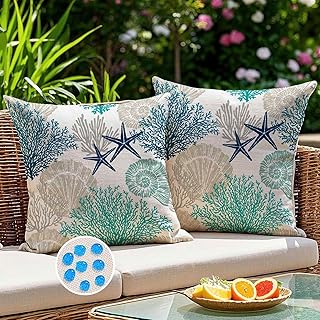Kissenbezug Outdoor Kissen Wetterfest Gartenkissen Wasserfest Seestern Algen Sofakissen 40x40 cm Türkis Kissenhülle Dekorative für Gartenbett Couch Terrasse Stuhlkissen Balkon 2er Set