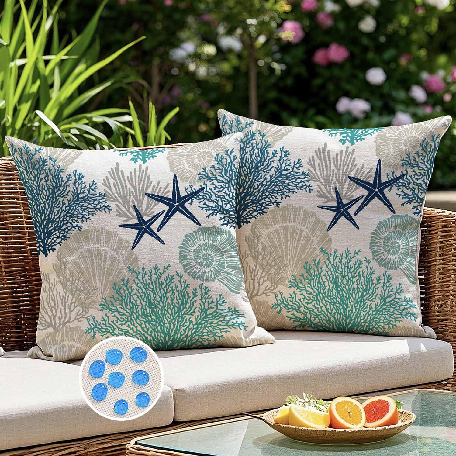 Kiatuniya Kissenbezug Outdoor Kissen Wetterfest Gartenkissen Wasserfest Seestern Algen Sofakissen 45x45 cm Türkis Kissenhülle Dekorative für Gartenbett Couch Terrasse Stuhlkissen Balkon 2er Set Küche, Haushalt & Wohnen