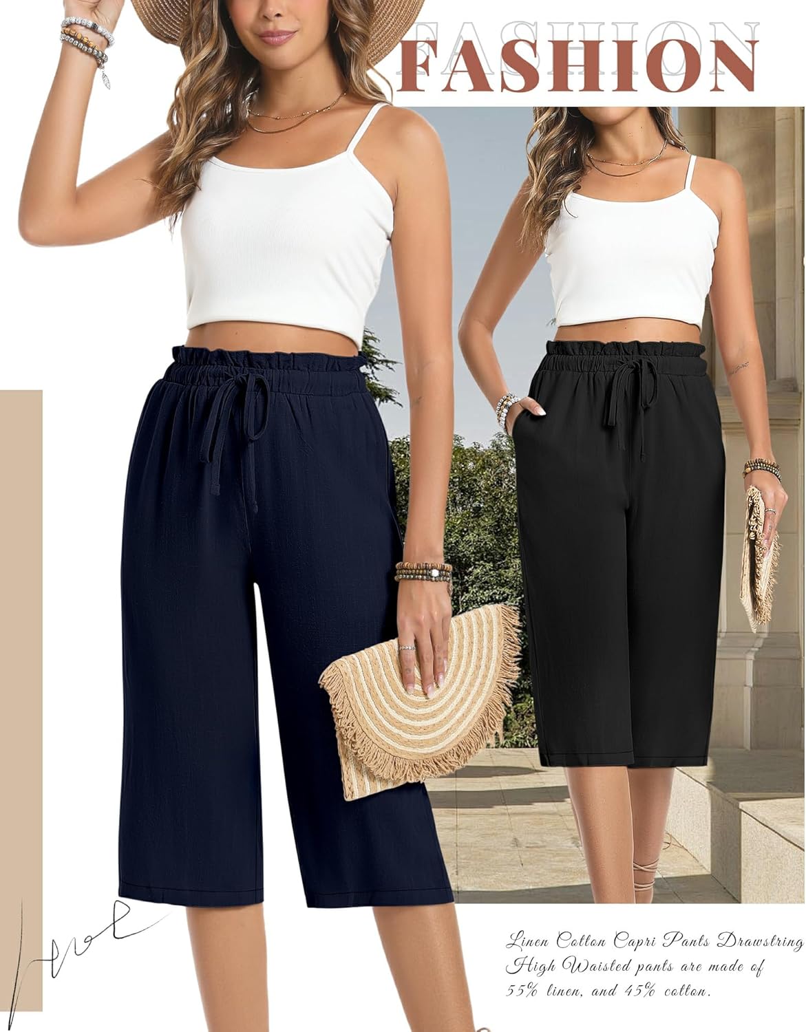2 Pack Women's Wide Leg Linen Capri Pants Casual High Waist Cropped Palazzo Summer Trousers with Pockets - Image 5