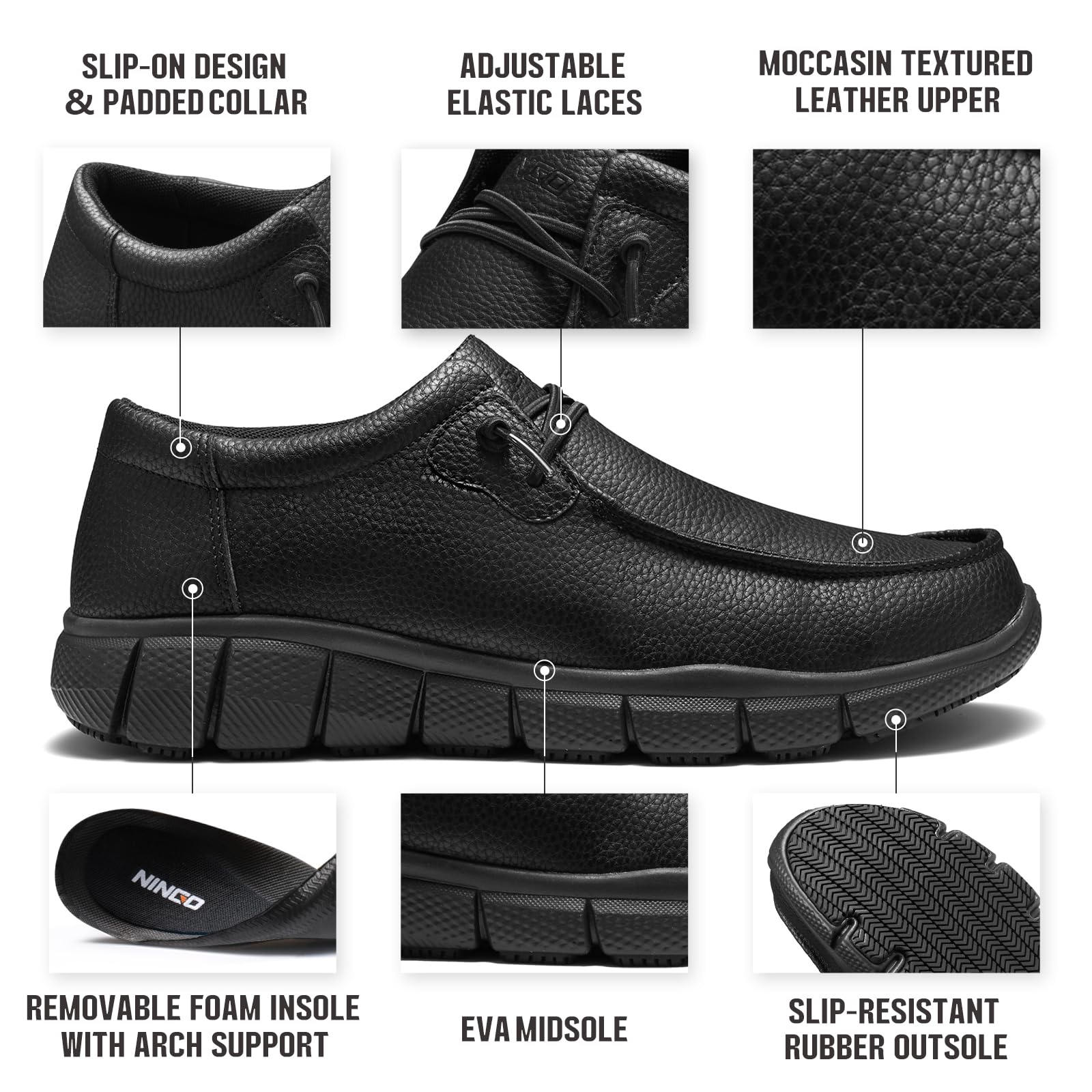 NINGO Leather Non Slip Shoes for Men, Slip On Waterproof Work Shoes, Comfortable Slip Resistant Work Loafers, Lightweight Breathable Mens Food Service Chef Shoes Work Sneakers, for Kitchen Restaurant