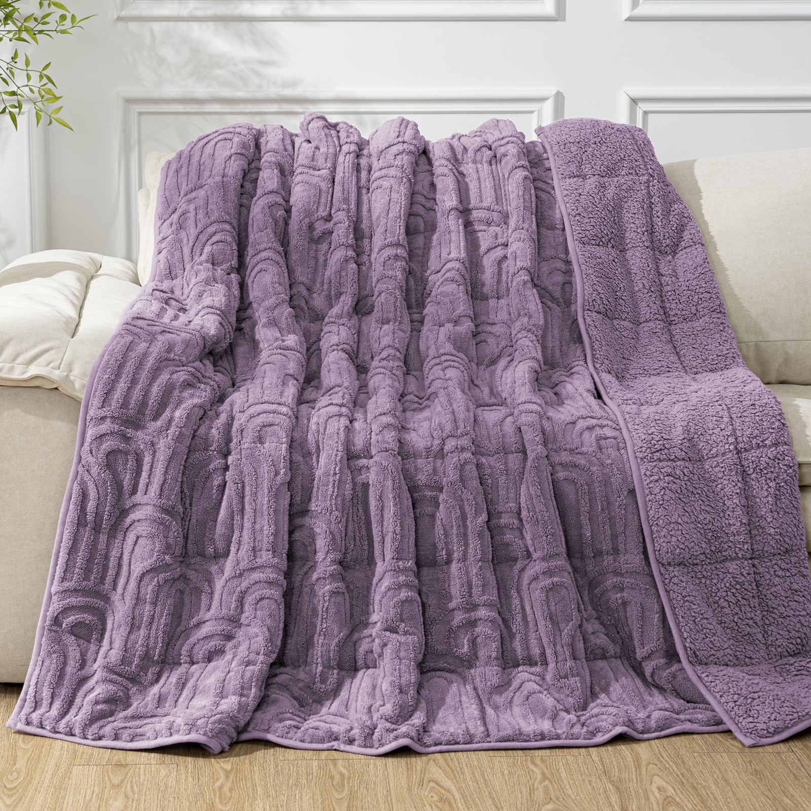 Cottonblue Jacquard Weighted Blanket for Adults Queen Size 15 lbs 60"x80" | Soft Fuzzy Fleece Weighted Blankets Throw for Sleep Calm Relax, Fuzzy Warm Arch Bed Heavy Blanket for Couch Sofa, Purple