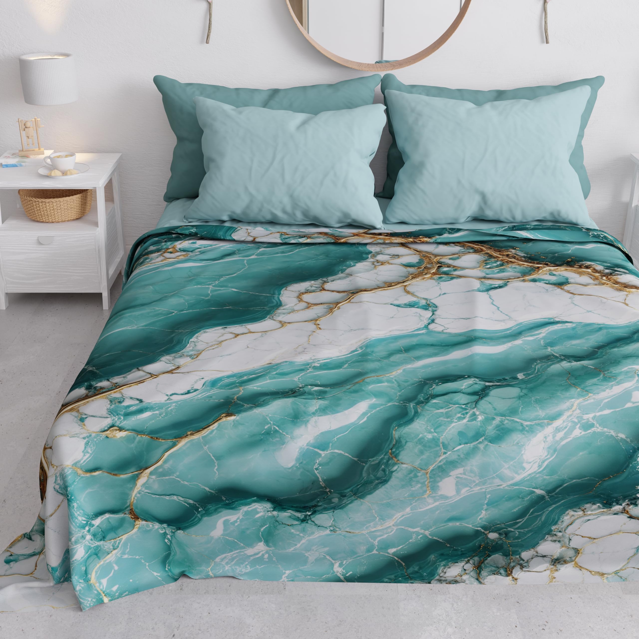 PETTI Artigiani Italiani - Single Bedspread Spring Summer Lightweight Single Bed Cover, Bed Cover, Aquamarine Marble, 100% Made in Italy
