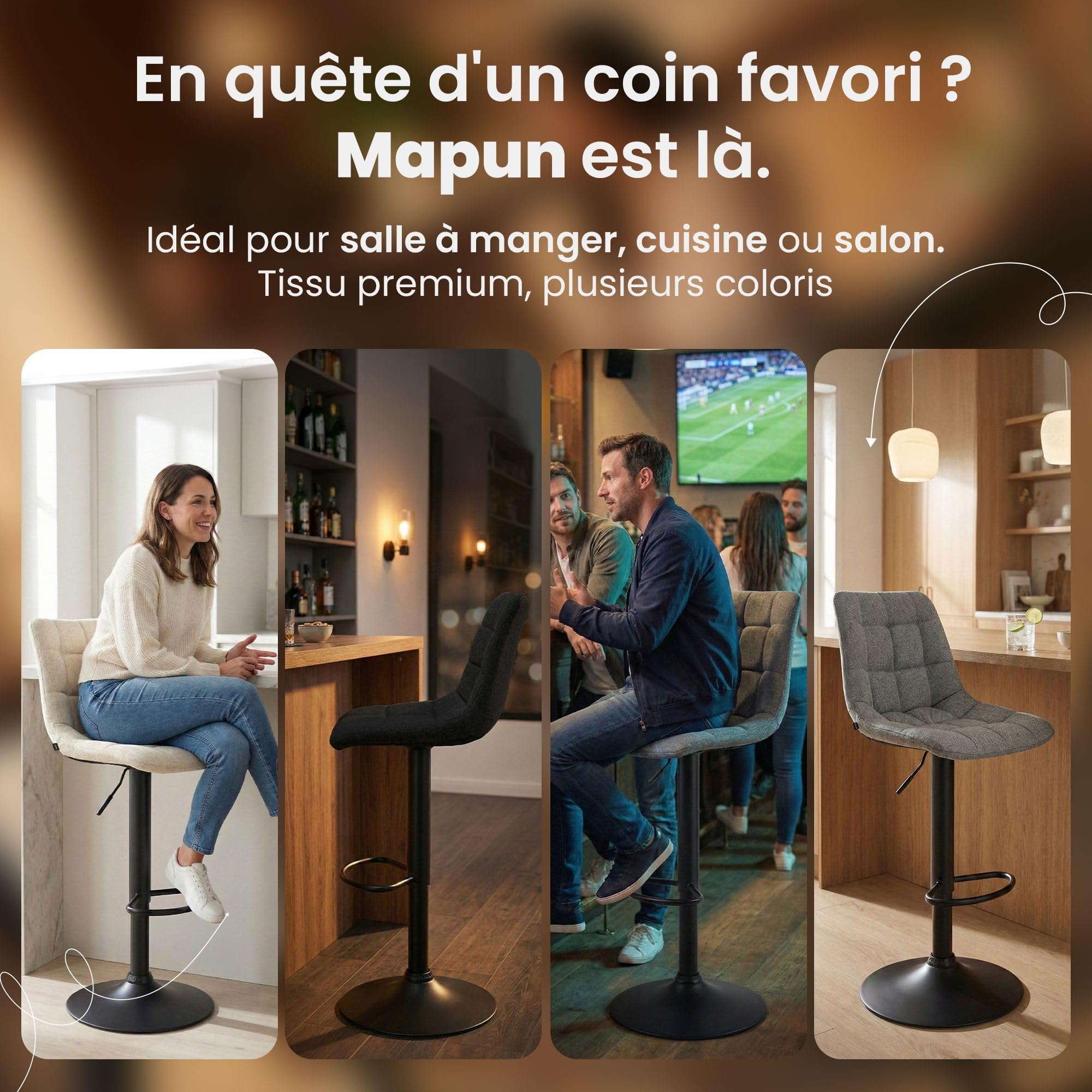 CLP Tabouret de Bar Mapun, Chaise de Bar reglable en Hauteur et pivotante a 360 degres, rembourree, Structure Metallique pour Cuisine, ilot, Couleur:crème, Matériel:Tissu