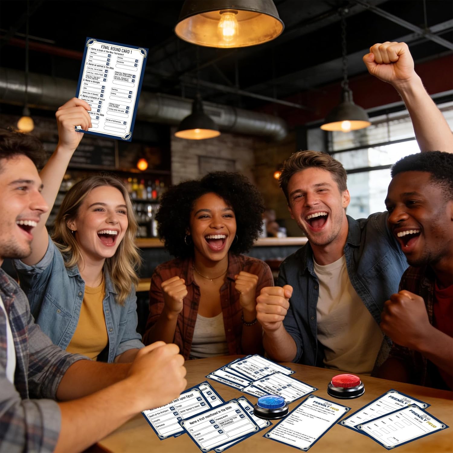 Christian Bible Family Feud Game with 2 Buzzers, Religious Trivia Quiz Card Game for Church Groups, Easter Parties, Team Building and Family Game Night
