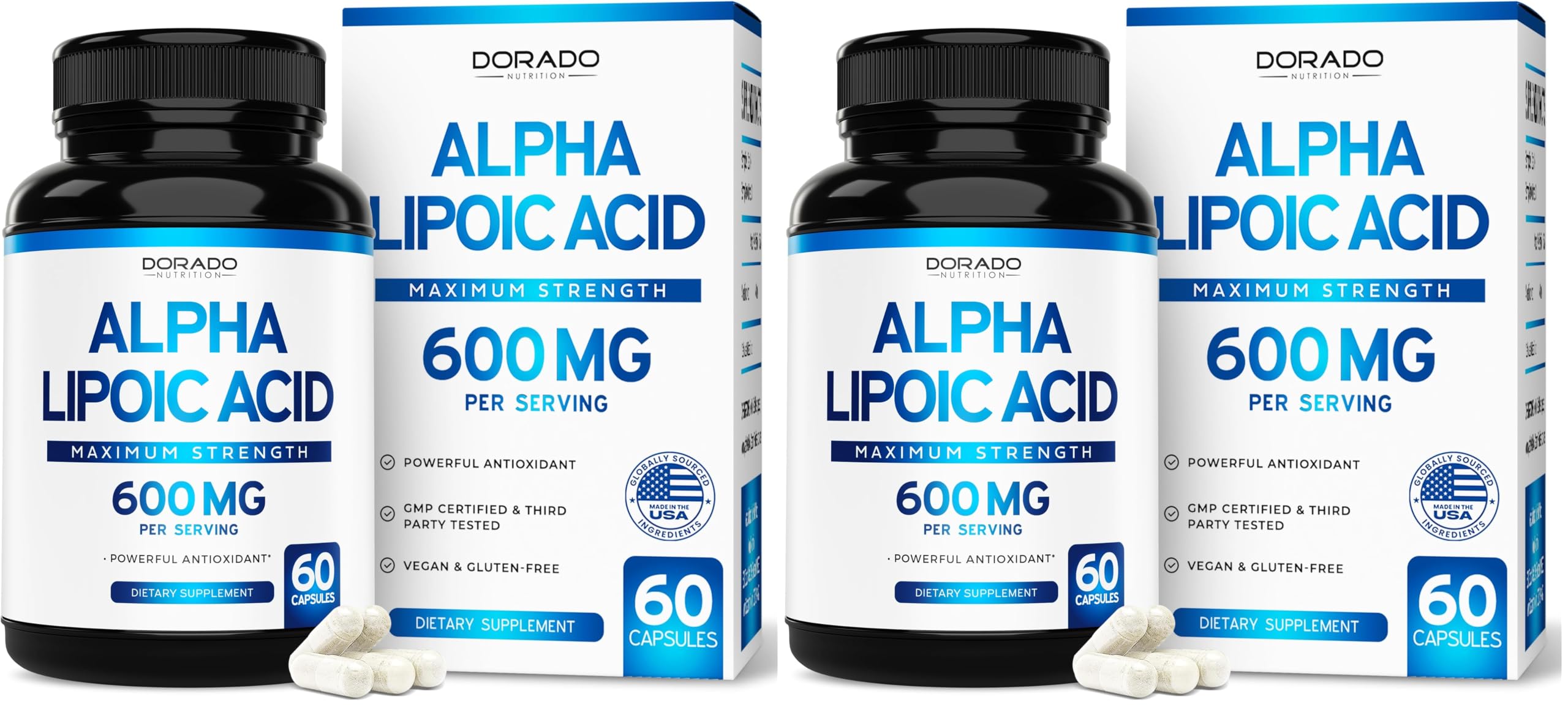 Alpha Lipoic Acid 600mg per Serving 60 Capsules - Potent Antioxidant for Neuropathy and Cardiovascular Health (ALA Supplement) - Third Party Tested, Non-GMO, Gluten Free, Vegan & USA Made (Pack of 2) 60 Count (Pack of 2)