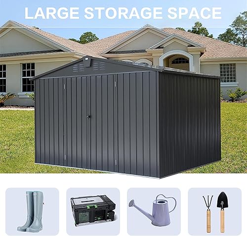 Miniatura 4 de Cobertizo de almacenamiento de metal para exteriores, de 10 x 8 pies, para herramientas de basurero de bicicleta, de acero galvanizado, cobertizo de