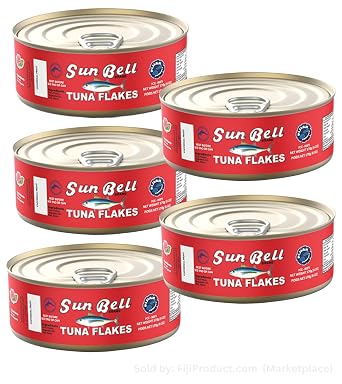 FIJIAN MADE Sun Bell TUNA Flakes in Vegetable Oil Pack Of 5 x 6 Oz Ea Can The most popular tuna brand throughout the pacific Islands - Imported from FIJI