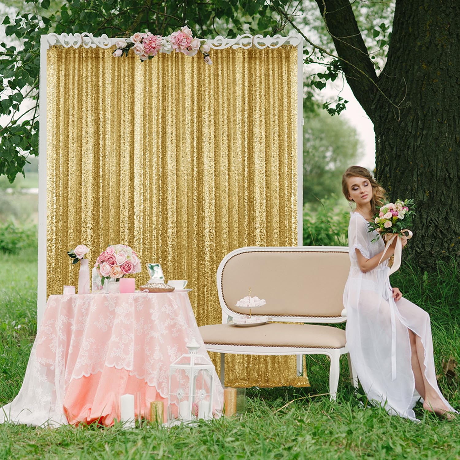 Lot de 2 rideaux à paillettes dorées de 2,4 m, pour photographie, décoration de fête de mariage