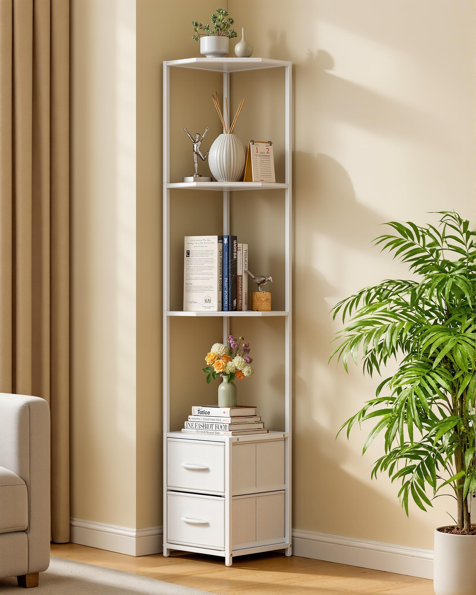 Housolution Corner Shelf Stand with Storage, 63.8'' Tall 6-Tier Corner Bookshelf Includes 2 Fabric Drawers, Freestanding Corners Storage Shelf for Living Room Bedroom Kitchen Bathroom (White)