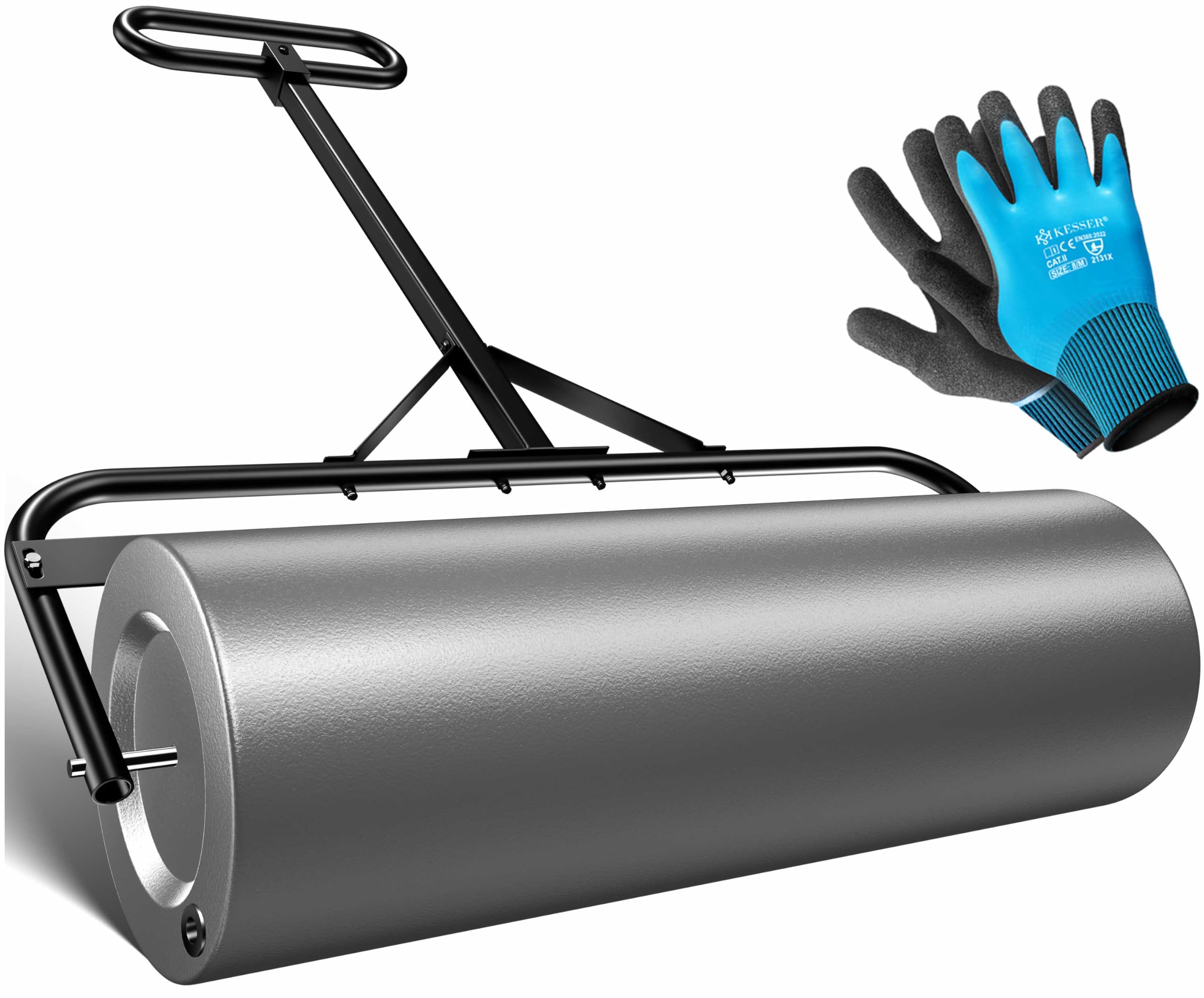 KESSER® Rasenwalze Metall befüllbar mit Wasser oder Sand mit 63 Liter Füllvolumen & 99cm breit | Gartenwalze inklusive Handschuhe | Handwalze Rasenroller Ackerwalze Walze in Anthrazit