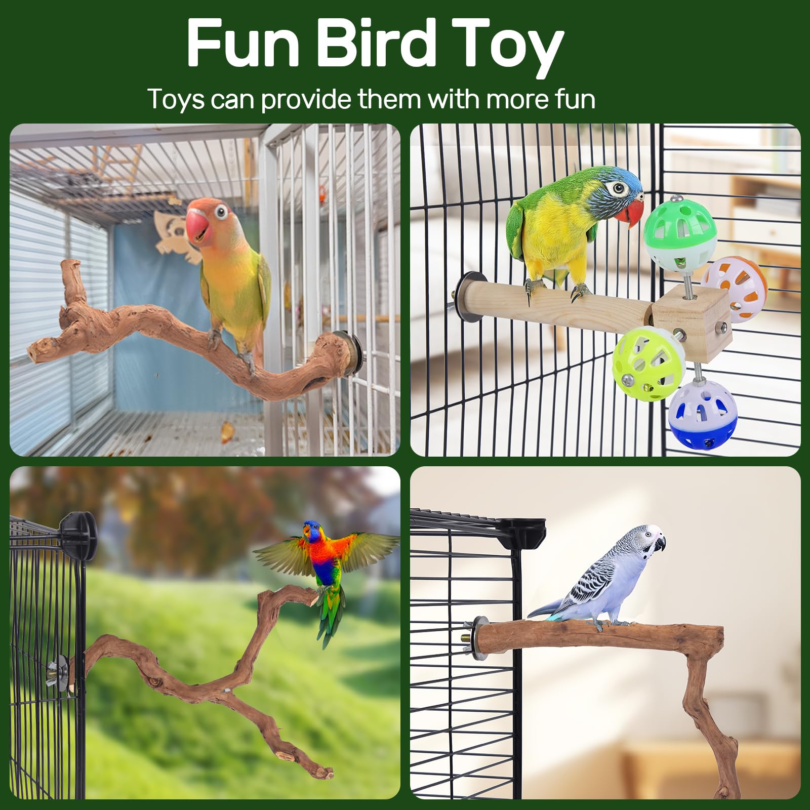 4-Piece Bird Perch Set with Rotating Ball Stand - Natural Wood Bird Gym & Playground for Parrots, Cockatiels, Budgies - image 5