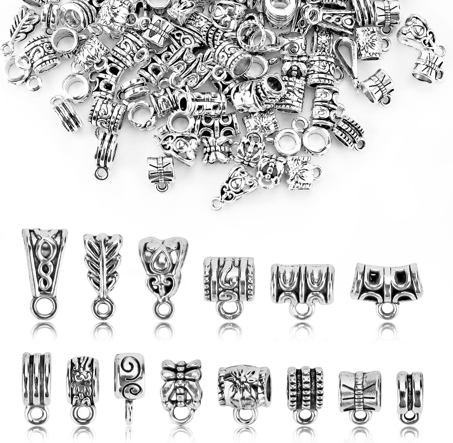 JIALEEY 125 Piece Mixed Antique Tibetan Silver Bail Tube Beads, Bail Beads, Spacer Bea, Bead Hanger Fit Charm European Bracelet Pendant Jewelry Making
