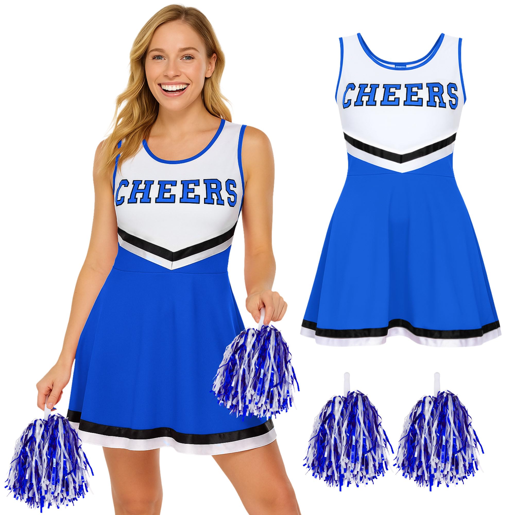 Redstar Fancy Dress Kostium cheerleaderki dla dorosłych, kostium cheerleaderki z pasującą sukienką i frędzlami, przebranie cheerleaderki dla kobiet, na Halloween, cosplay, karnawał