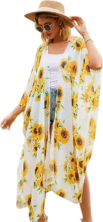 Hibluco Women's Long Floral Kimono Printed Cardigan Sheer Swimsuit Cover Up