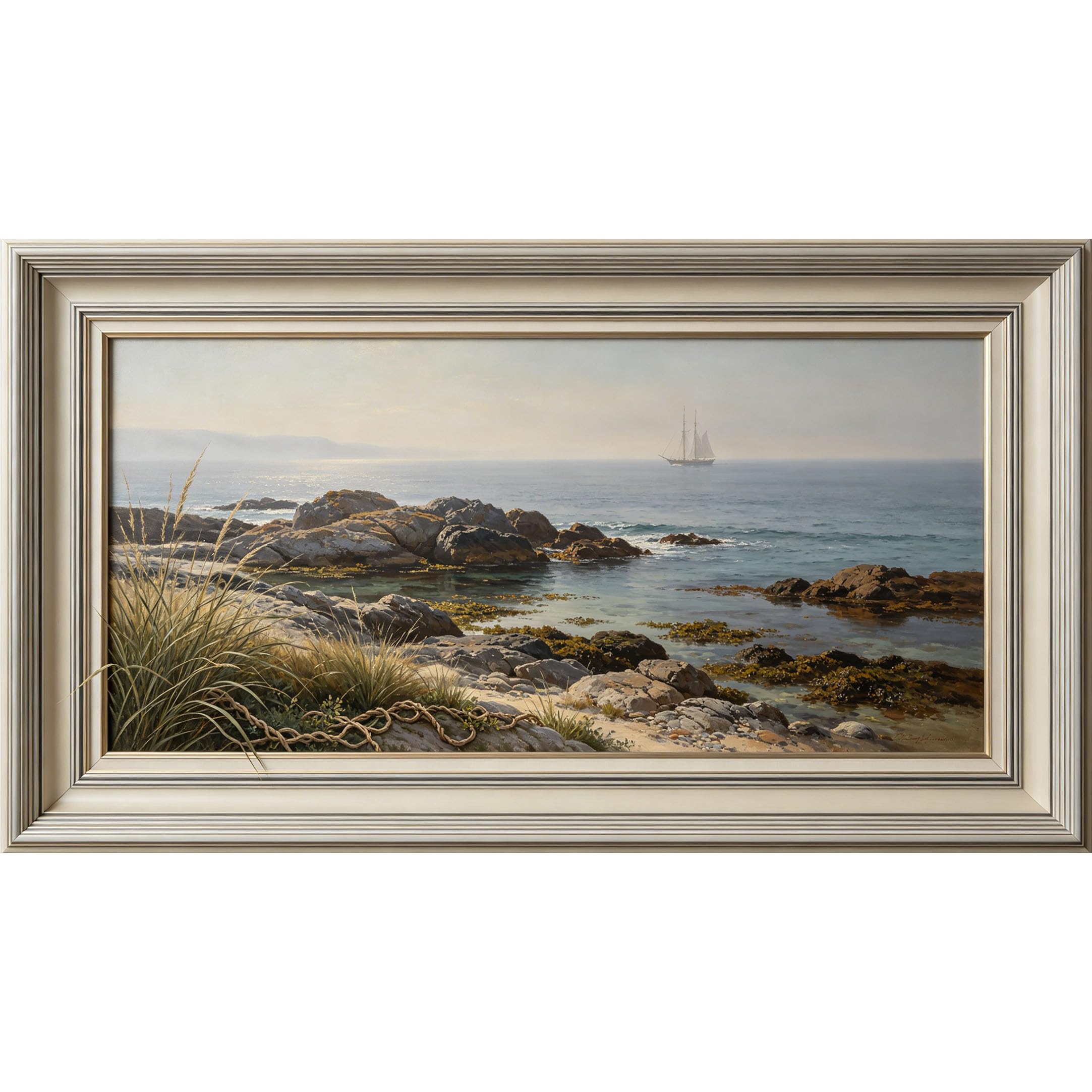 QZLITHOTIC 50x90cm3D Framed Wall Art， Coastal Ocean Shoreline Sailboat Landscape Self‑Adhesive Mural， Water‑Activated Peel & Stick Fabric Decor Wall Decal for Bedroom Living Room