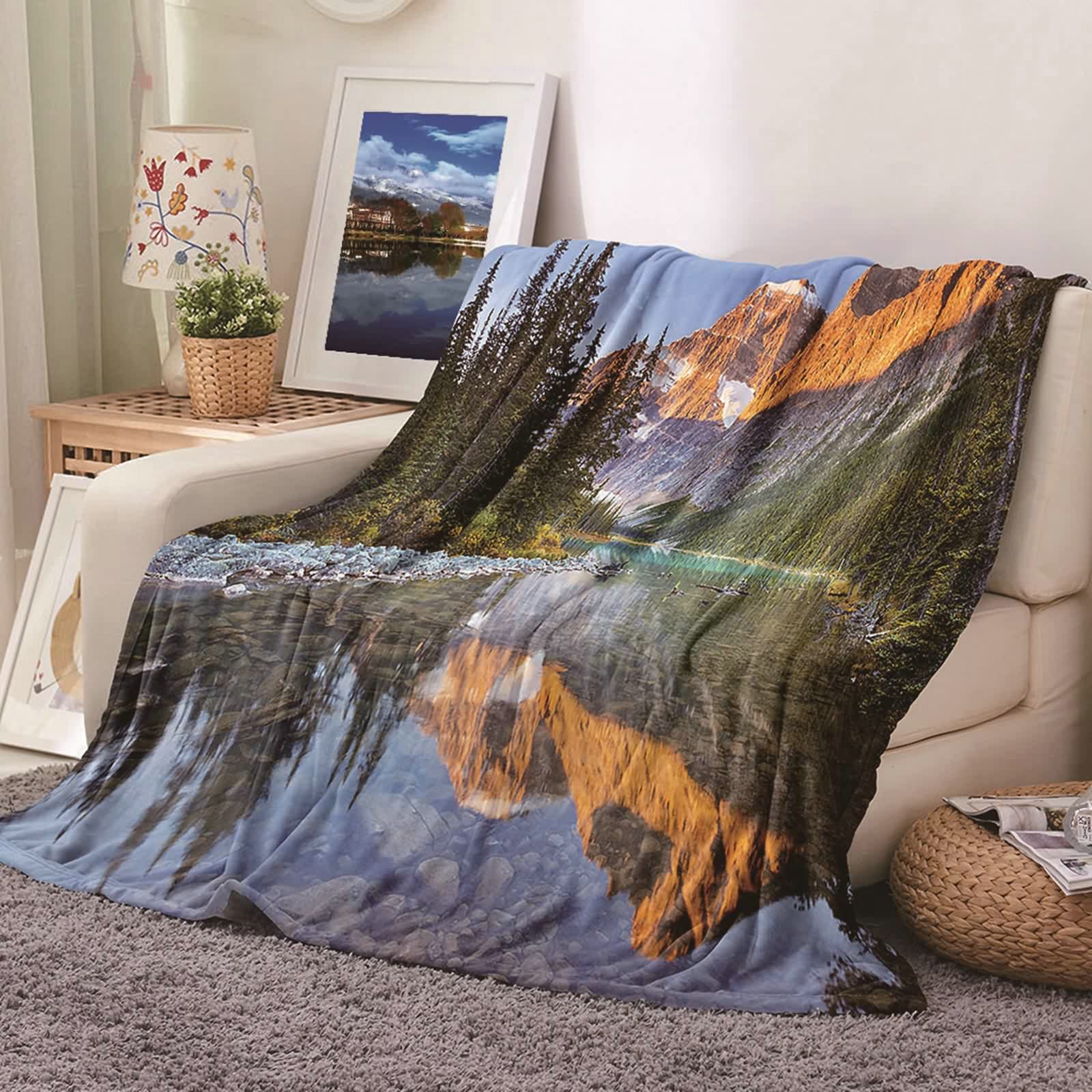 Aeici Couverture Polaire, Couverture Enfant Polaire Couverture 150x200 cm Lac Arbre Montagne Pierre Couverture Canapé Cadeau pour Adultes et Enfants