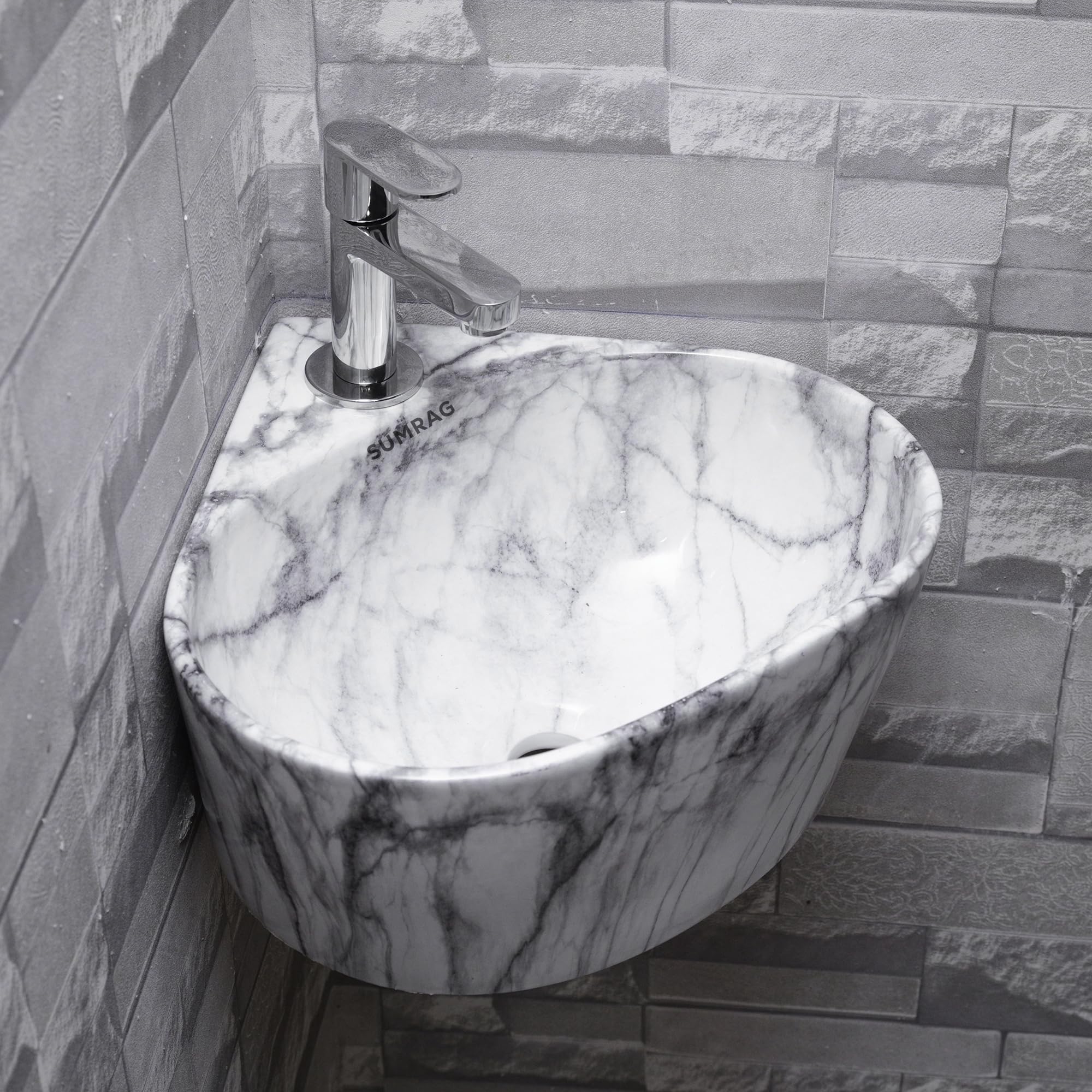 Ceramic Corner Small Wall Mounted Corner Basin for Bathroom & Living Room (14.17 X 13.38 X 6.10 In), Glossy, White