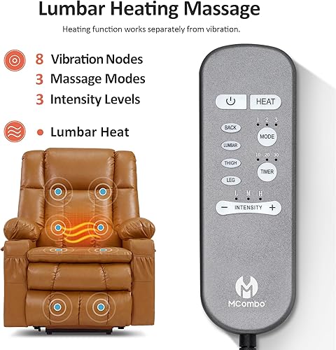 Miniatura 38 de MCombo Silla reclinable eléctrica de doble motor para personas mayores, silla elevadora plana con calor y masaje, portavasos, puertos USB, piel