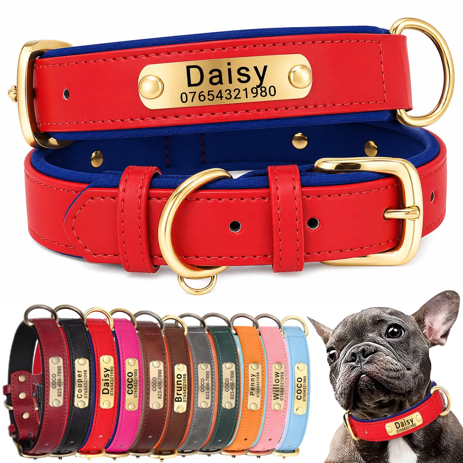 SEOUGEE Genuine Leather Dog Collar Personalised, Soft Padded Leather Dog Collars Heavy Duty with Custom Engraved Name Plate Adjustable for Small Medium Large Dogs (S, Red & Blue 23-32cm) — image 1
